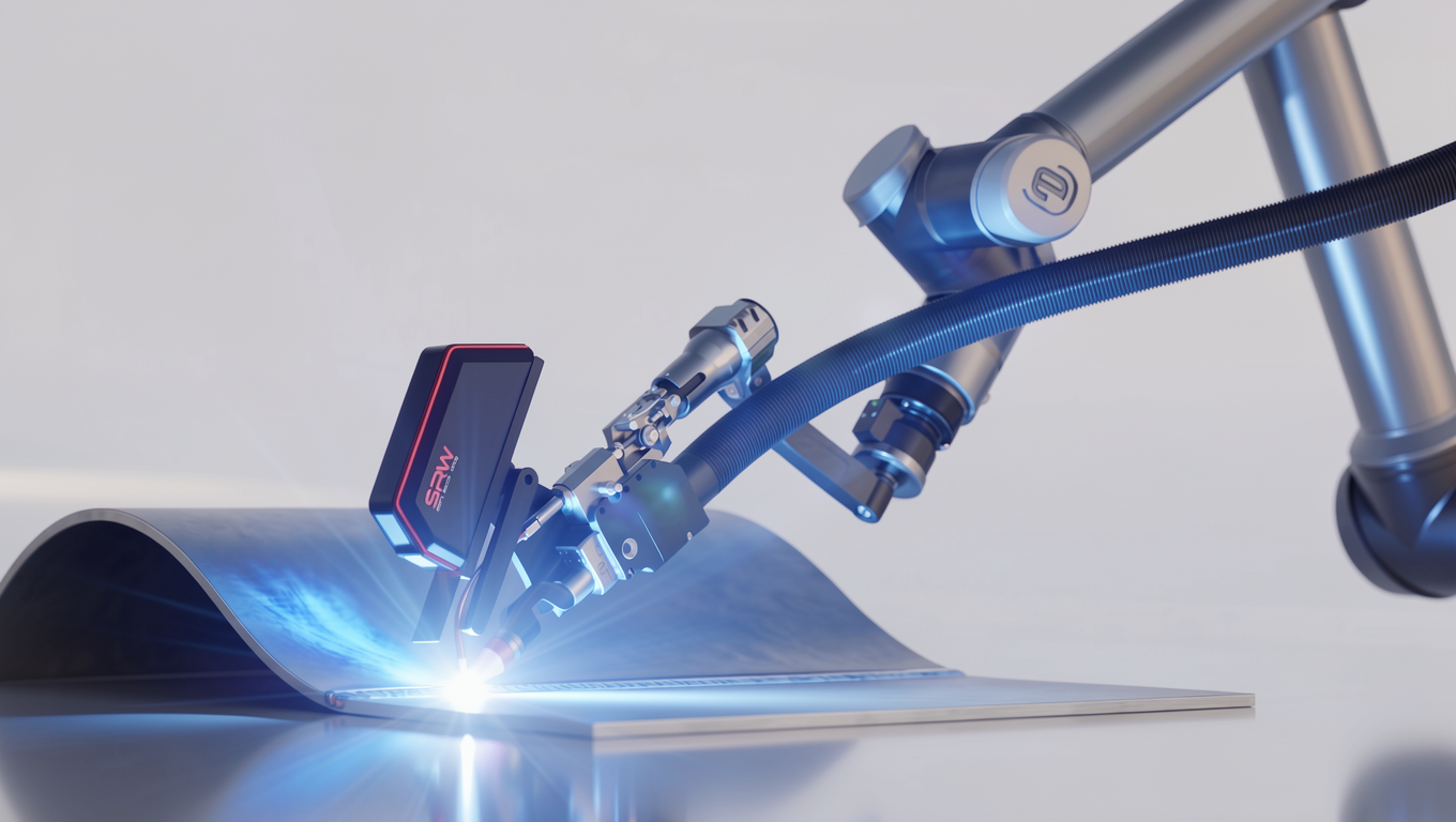 Robotic arm with a vision sensor welding a curved metal sheet